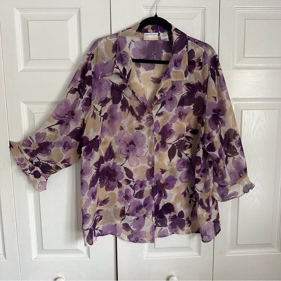 Alfred Dunner Shirt Womens 2XL Purple Beige Floral Sheer Button Up Blouse 20W - Picture 1 of 8